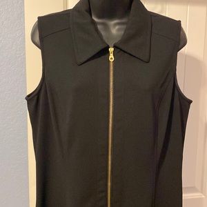 Cute black sleeveless shift dress with gold full length front zipper